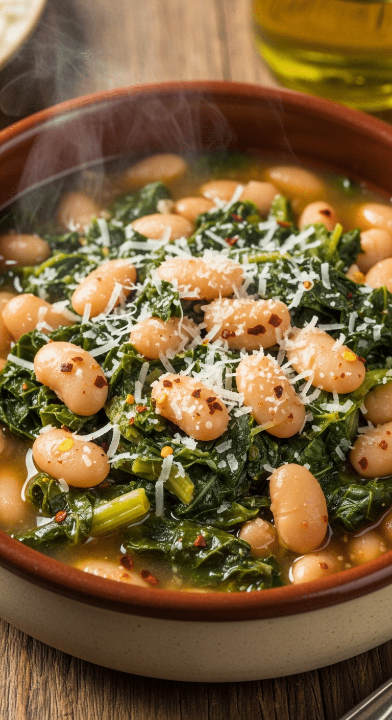 A close-up photograph of a rustic bowl filled with creamy white beans and wilted greens in a garlic broth, topped with parmesan and olive oil.