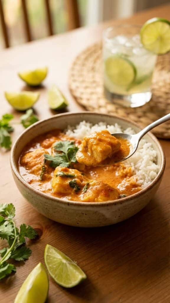 A bowl of creamy Brazilian fish stew served over white rice, with a spoon lifting a bite of fish, set in a warm tropical dining atmosphere.