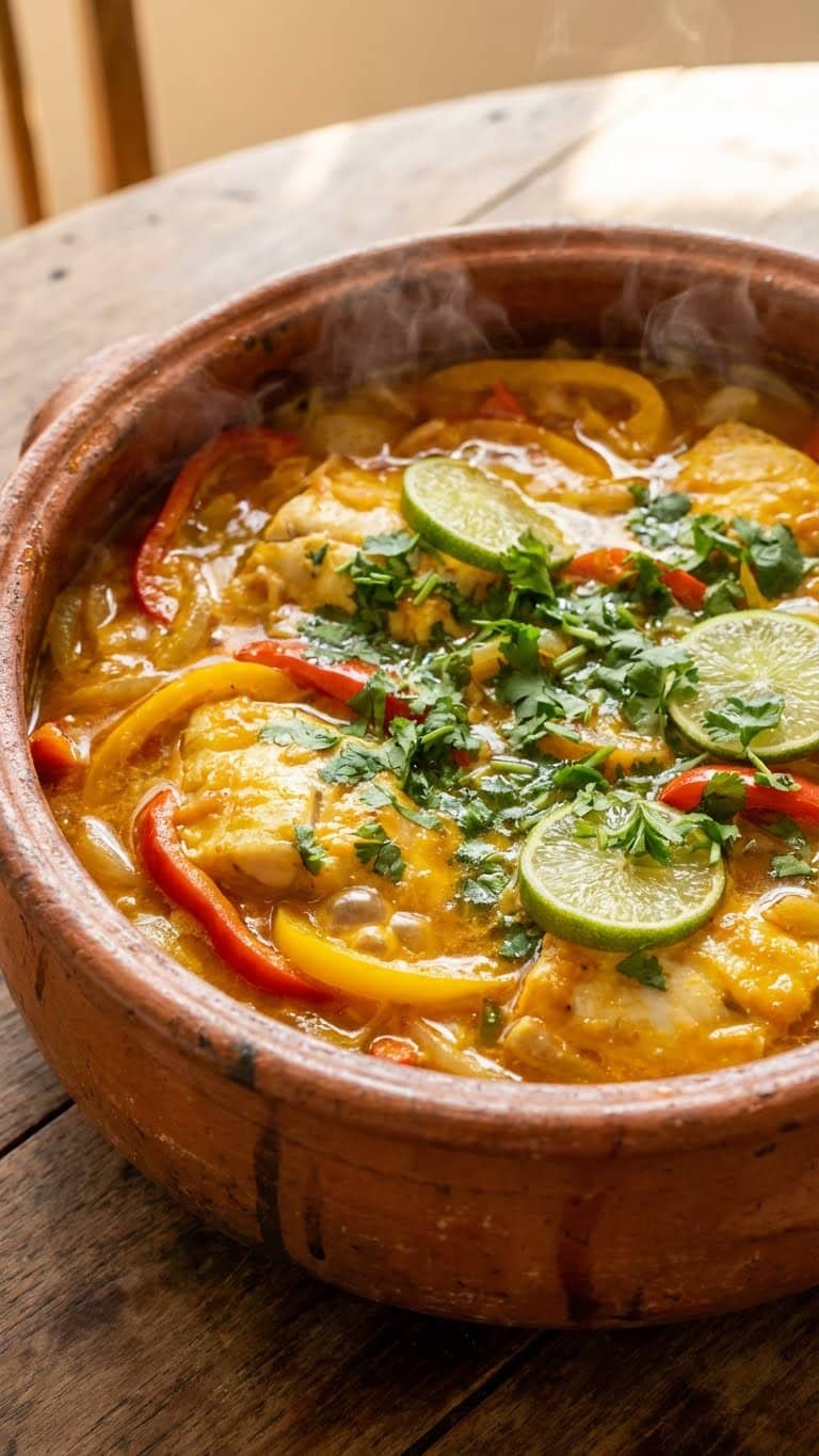 A close-up photograph of a rustic pot filled with vibrant golden-orange Brazilian fish stew, loaded with fish, peppers, and fresh cilantro, bubbling gently.