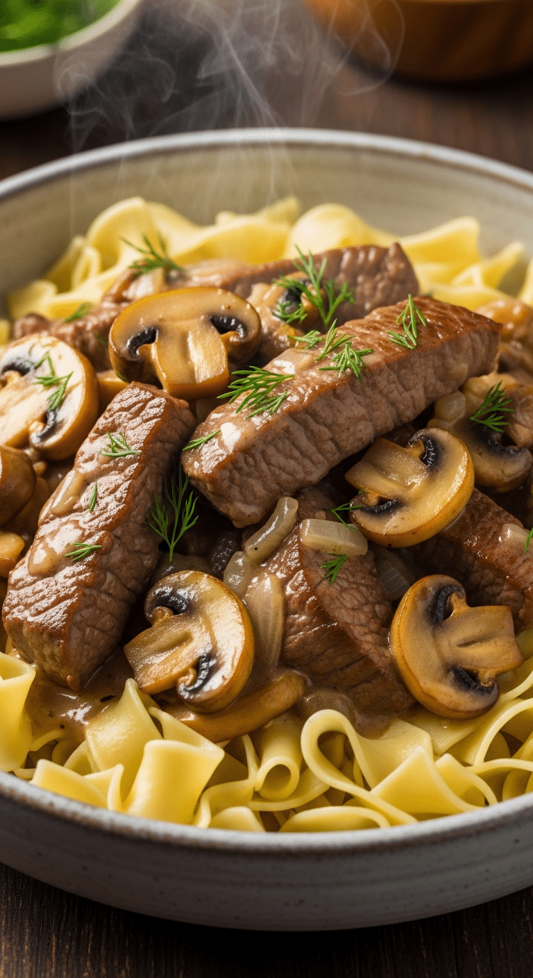 Close-up of Beef Stroganoff with tender beef strips, mushrooms, and creamy sauce over egg noodles, garnished with dill.