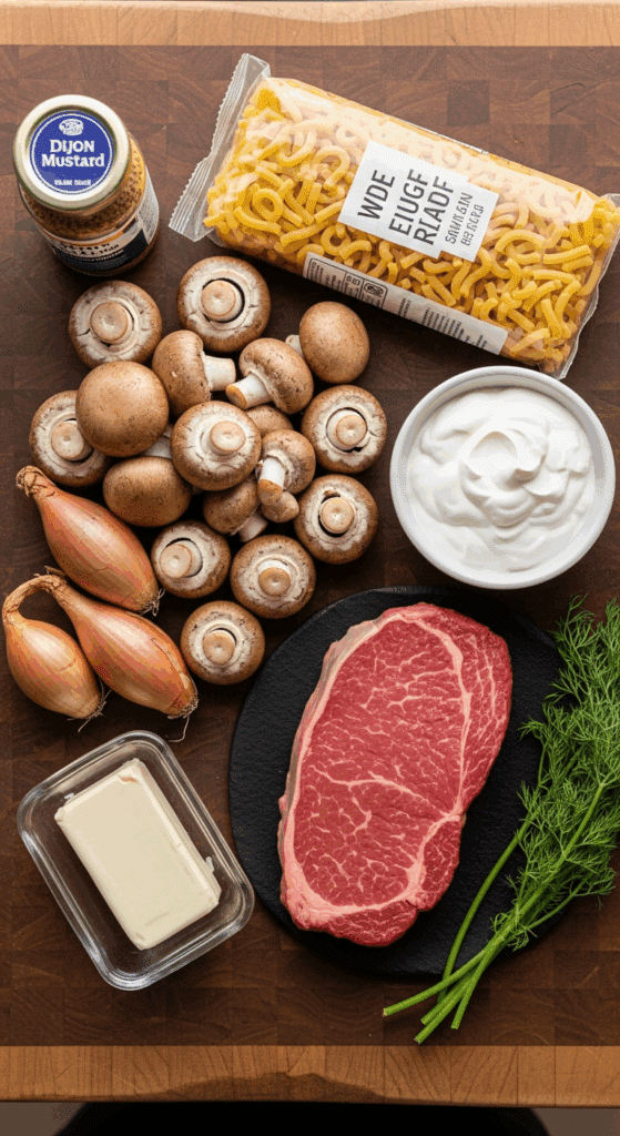 Ingredients for Beef Stroganoff including sirloin steak, mushrooms, sour cream, egg noodles, and dill on a butcher block.