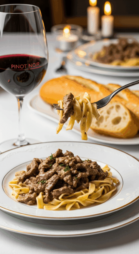 Plated Beef Stroganoff served with a glass of red wine and crusty bread in a candlelit setting.