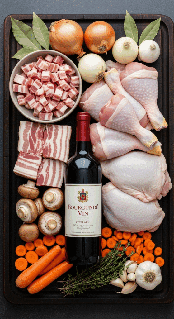 Raw ingredients for Coq au Vin including chicken, red wine, bacon, pearl onions, mushrooms, and herbs laid out on a wooden board.