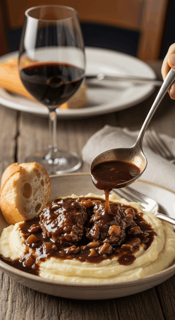 Plated Coq au Vin served over mashed potatoes in a bowl with bread and a glass of red wine.