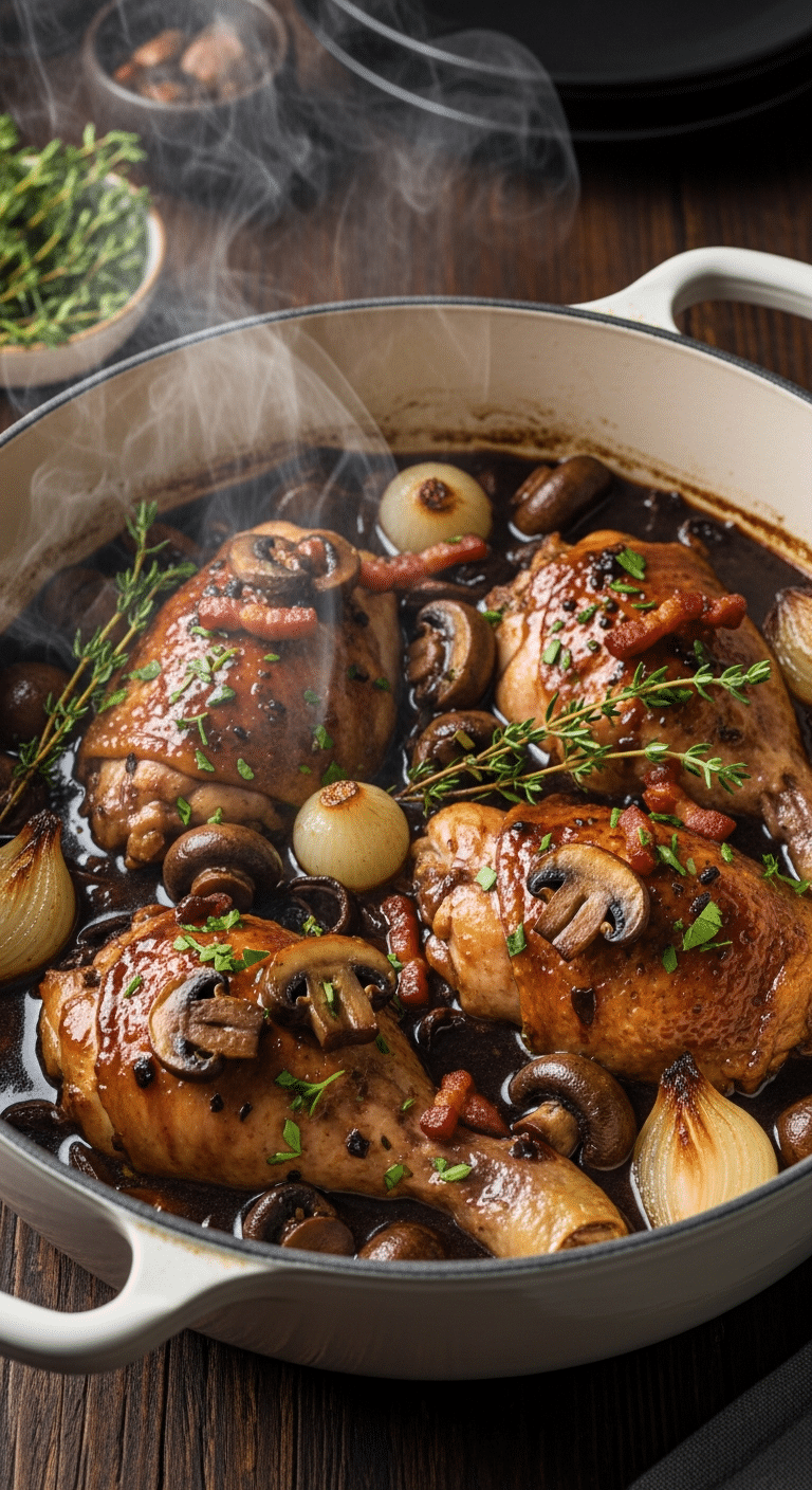 Close-up of Coq au Vin stew in a Dutch oven with chicken, mushrooms, pearl onions, and bacon in a rich red wine sauce.
