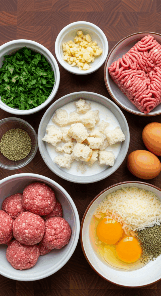 Overhead view of ingredients for Italian meatballs, highlighting a bowl of bread soaked in milk (panade) alongside ground meat, herbs, eggs, and cheese.