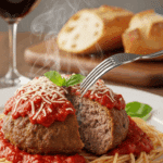 A plate of spaghetti with a large Italian meatball cut in half by a fork, showing a tender, moist interior texture.