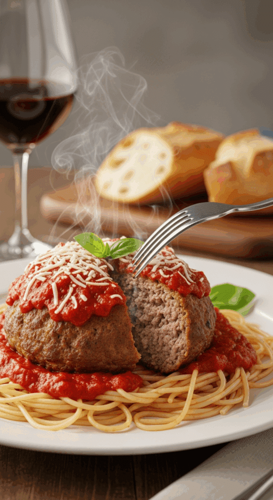 A plate of spaghetti with a large Italian meatball cut in half by a fork, showing a tender, moist interior texture.