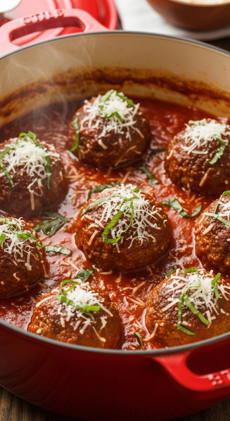 A close-up view inside a dutch oven filled with large Italian meatballs simmering in tomato sauce, topped with parmesan and fresh basil.