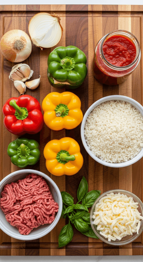 Overhead view of ingredients for stuffed peppers: colorful raw bell peppers, ground beef, cooked rice, marinara sauce, onions, garlic, basil, and cheese on a wooden board.