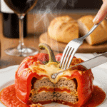 A plated red stuffed pepper cut open with a fork and knife, revealing the steaming meat and rice filling inside, served with sauce on a dinner table.