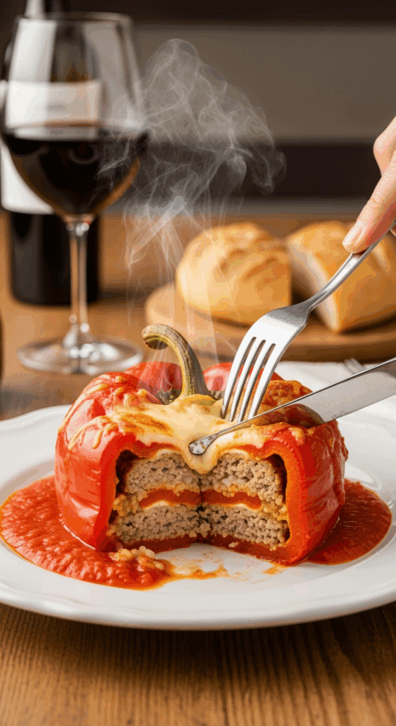 A plated red stuffed pepper cut open with a fork and knife, revealing the steaming meat and rice filling inside, served with sauce on a dinner table.