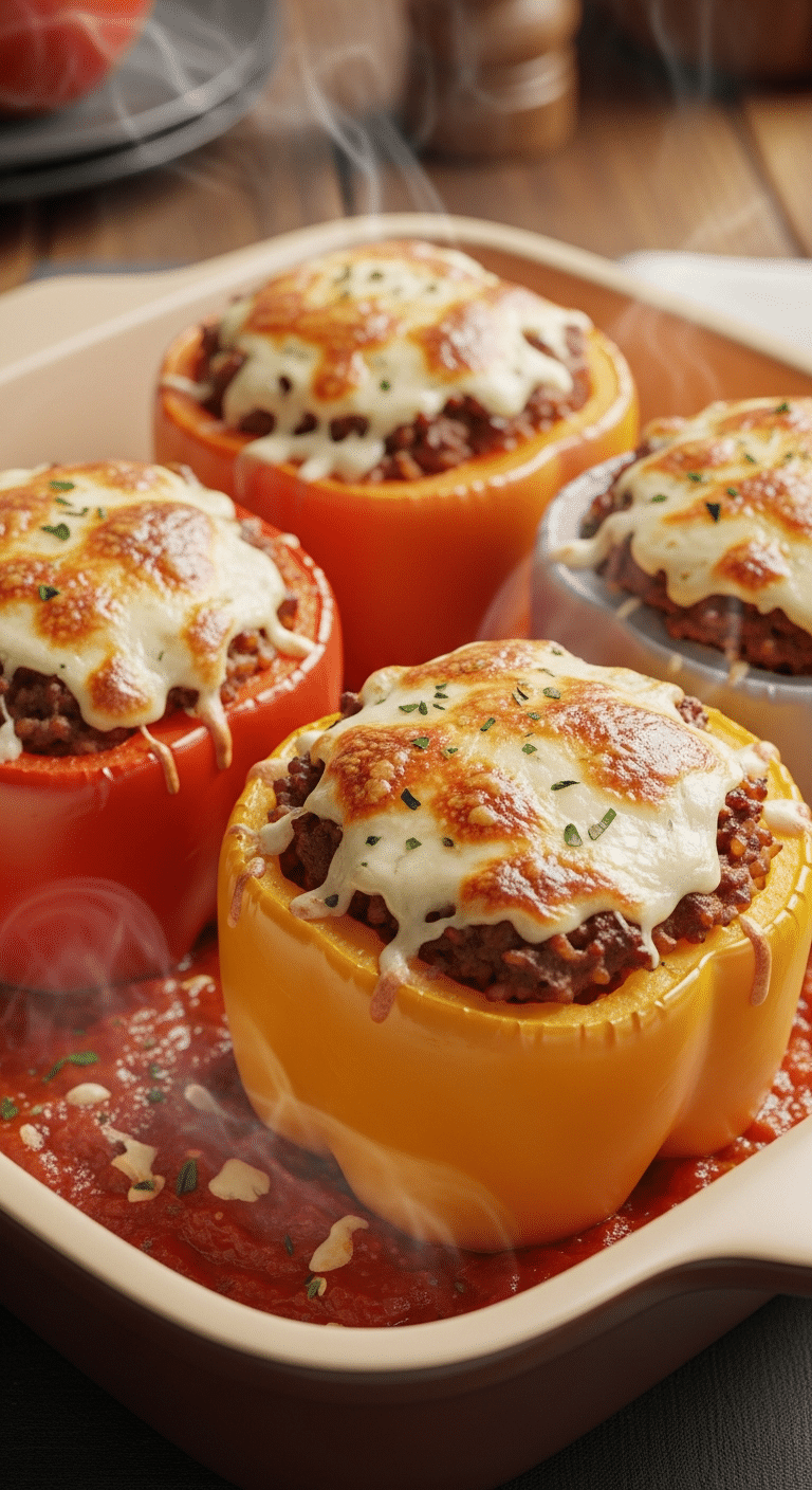 A close-up photograph of colorful stuffed peppers in a baking dish, topped with browned, bubbling melted cheese and surrounded by rich tomato sauce, with steam rising.