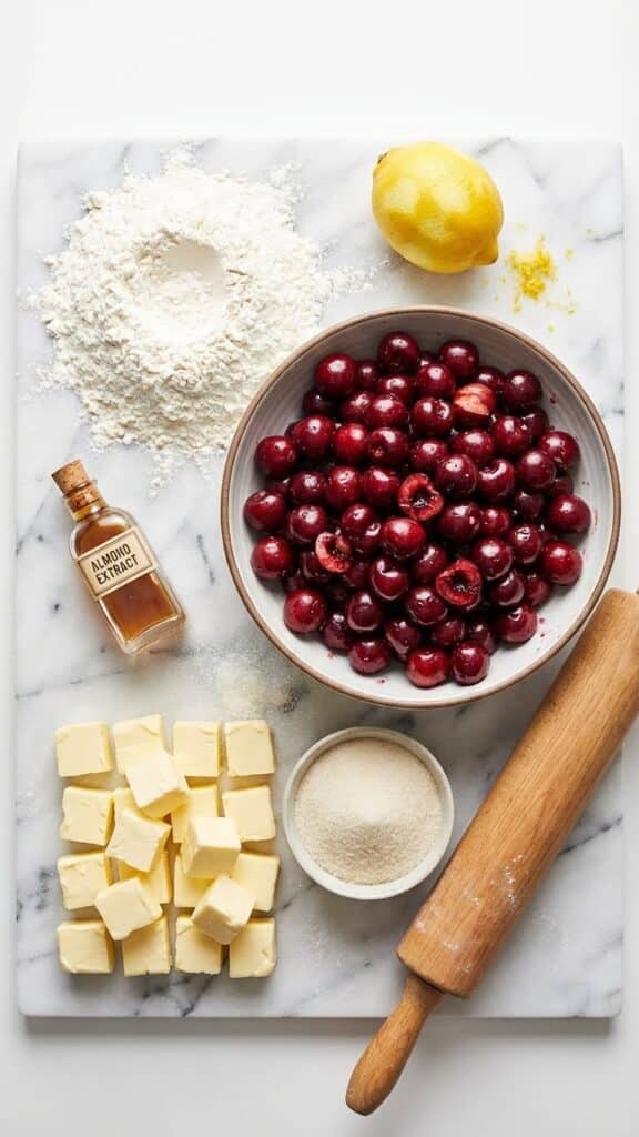Flat lay of cherry pie ingredients including fresh cherries, flour, butter, and almond extract.