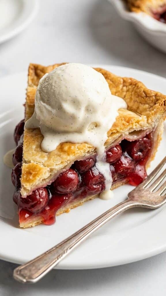 Close-up of a slice of cherry pie à la mode with a scoop of melting vanilla ice cream.