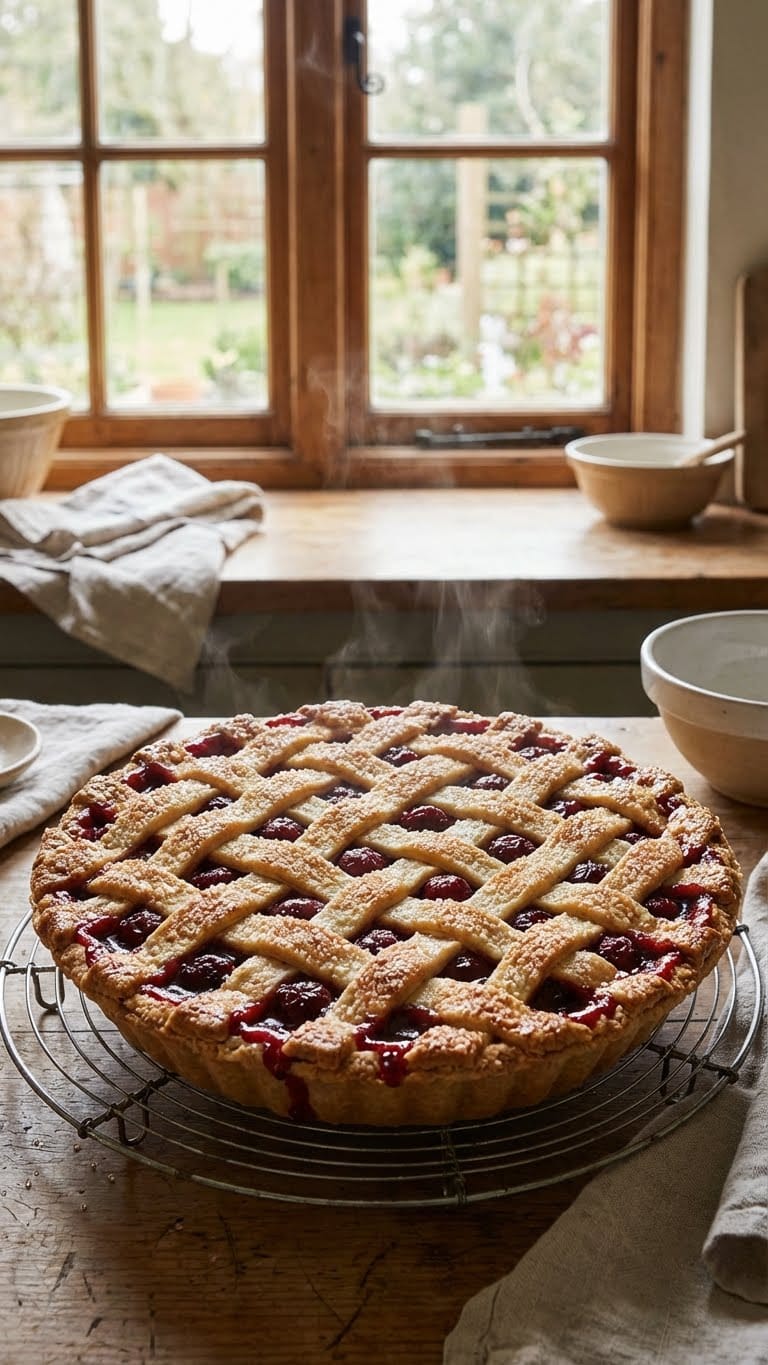 A golden brown lattice-topped cherry pie cooling on a rack with red filling bubbling through.
