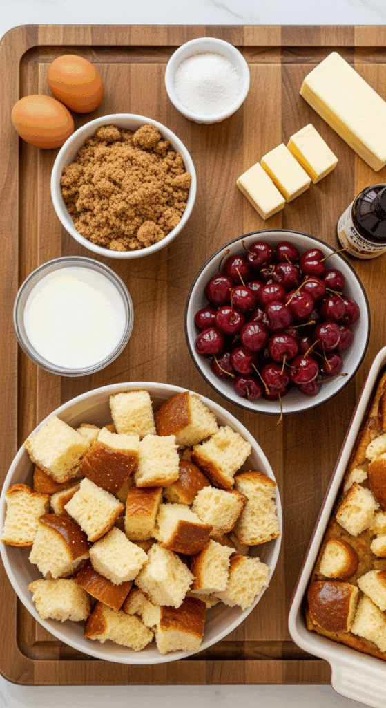 Overhead view of ingredients for cherry bread pudding: cubed bread, red cherries, brown sugar, butter, eggs, milk, and vanilla on a wooden board.