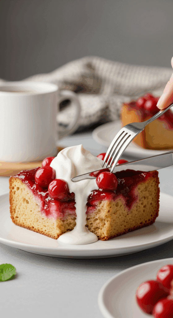 A slice of warm cherry upside-down bread pudding with whipped cream on a plate, with a fork lifting a bite in a cozy setting.