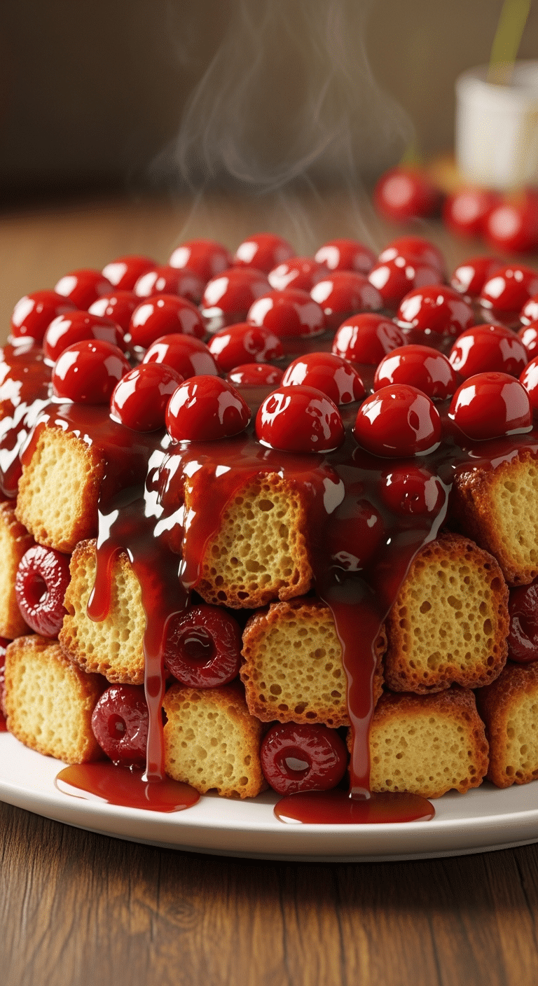 A whole, inverted cherry upside-down bread pudding on a platter, topped with glistening red cherries and a sticky caramel sauce dripping down the sides.