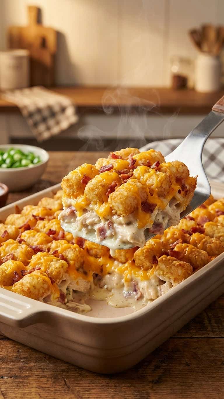 A scoop of tater tot casserole with chicken, bacon, and ranch sauce being lifted from the pan.