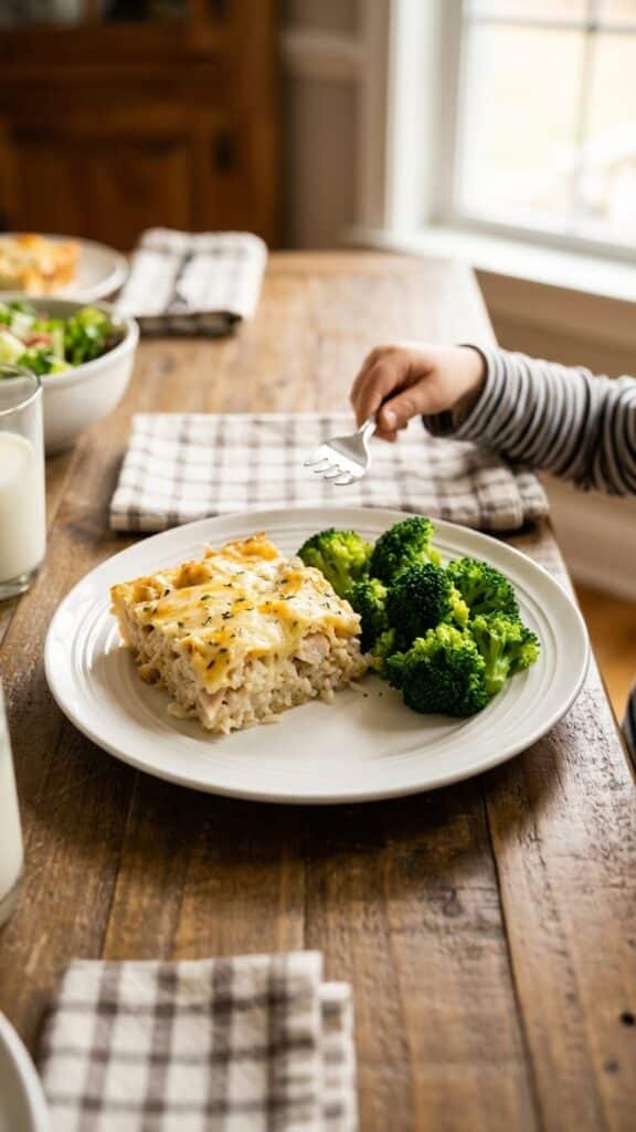 A serving of cheesy chicken tater tot casserole on a plate with a side of steamed broccoli.