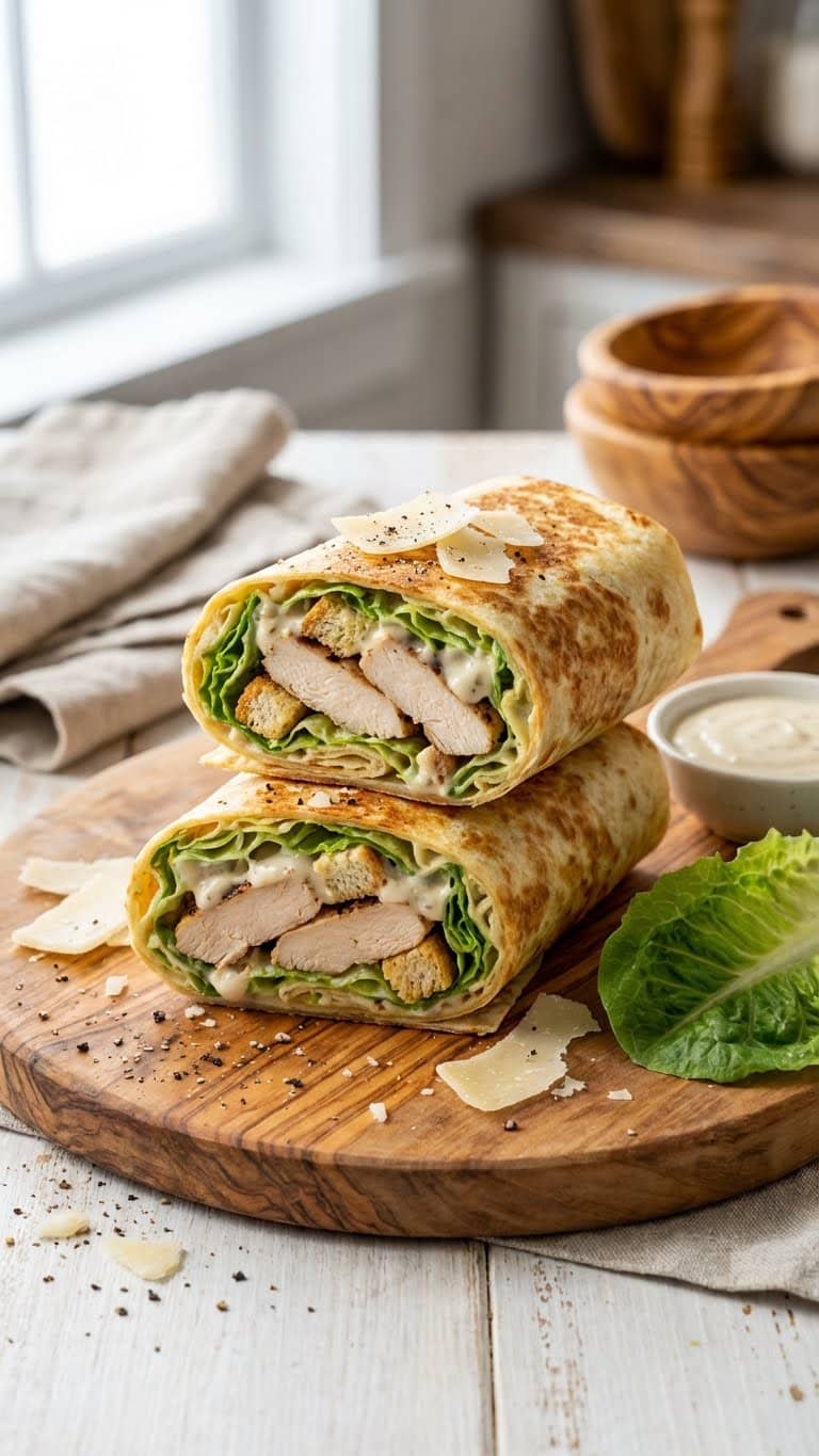 A stack of toasted chicken Caesar wraps cut in half to show the creamy chicken and lettuce filling.