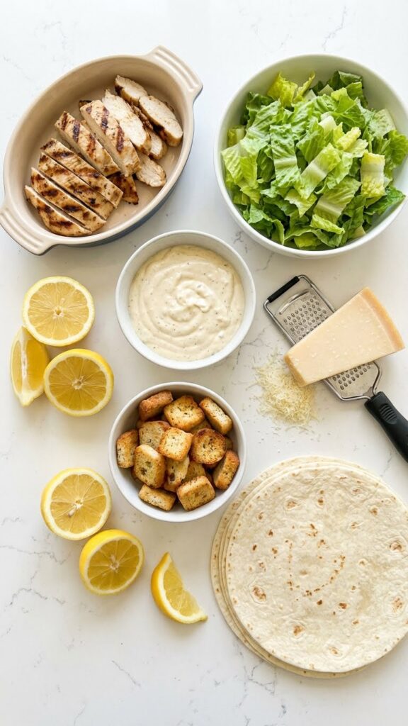 Overhead flat lay view of ingredients for Caesar wraps: grilled chicken, chopped romaine, Caesar dressing, parmesan wedge, croutons, and tortillas.