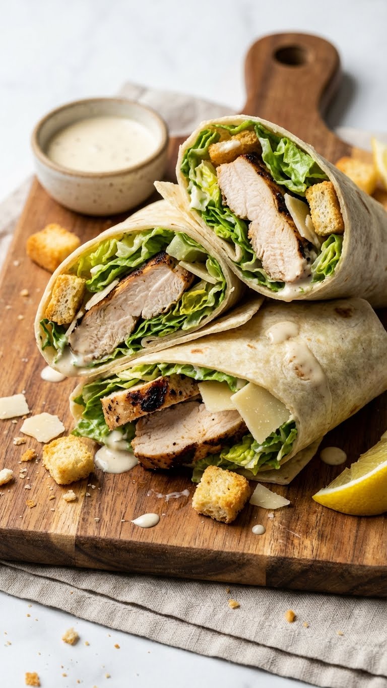 Close-up of grilled chicken Caesar wraps cut in half on a wooden board, showing filling of romaine lettuce, parmesan, croutons, and dressing.