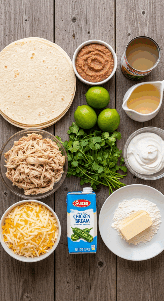 Overhead view of ingredients for chimichangas: tortillas, chicken, and cheese on one side, and sour cream, broth, and green chilies for the sauce on the other.