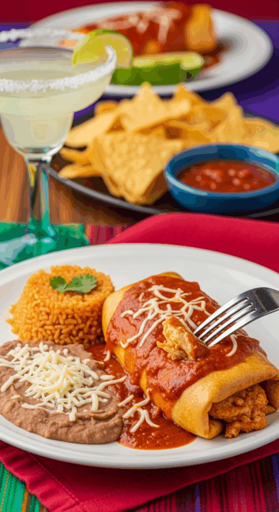 A plate with a large chimichanga covered in sauce, served with Mexican rice and beans, with a fork cutting into it in a festive dining setting.