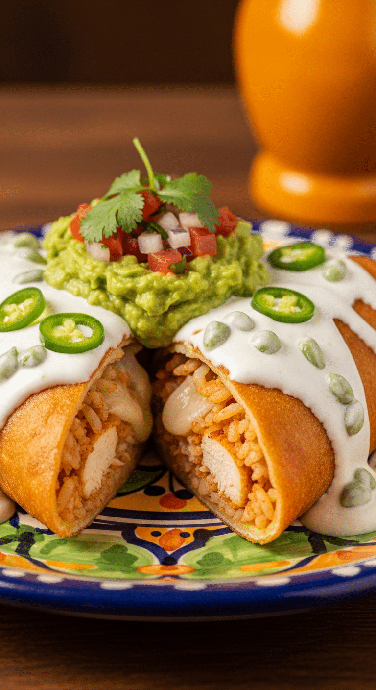 A close-up photograph of a crispy fried chicken chimichanga covered in a creamy sour cream sauce, cut open to show the steaming chicken and cheese filling.