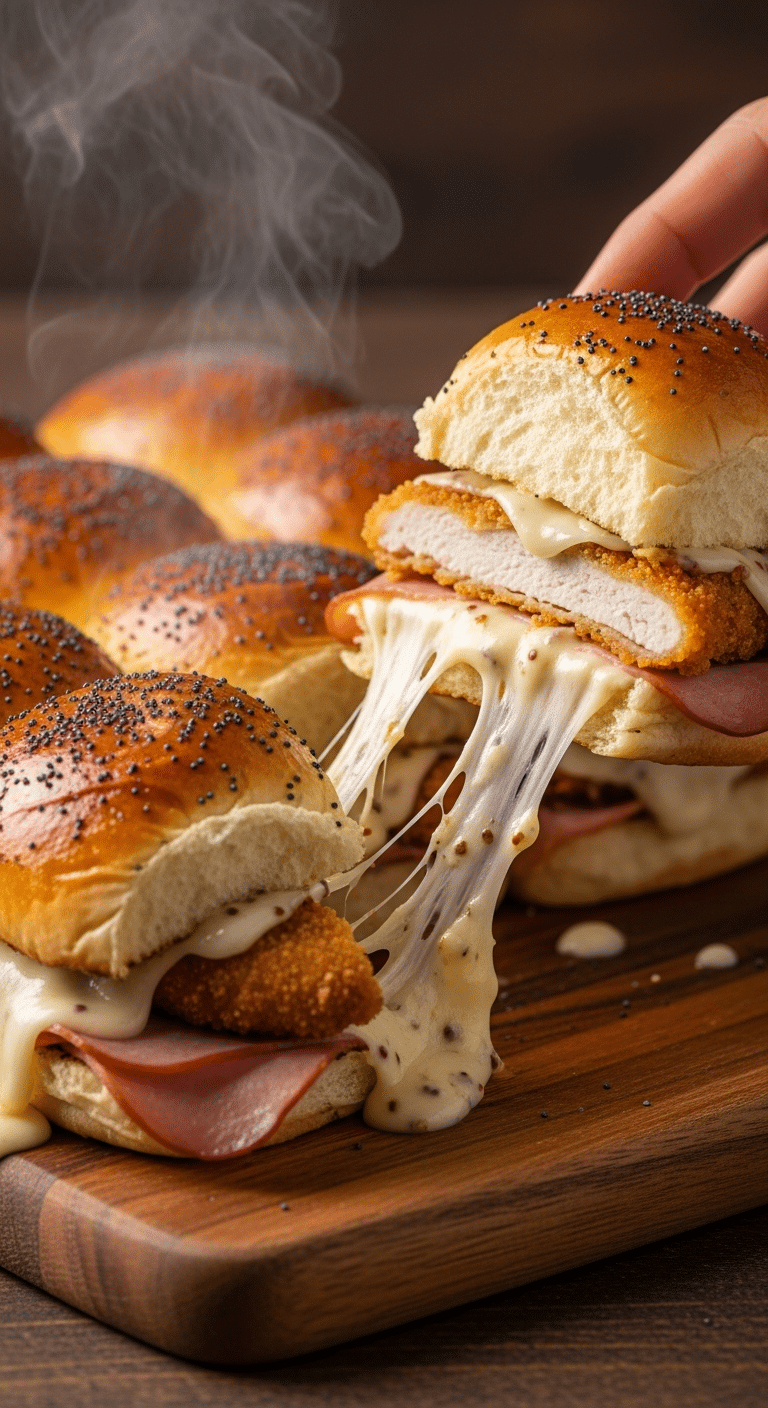 A close-up photograph of hot, golden-brown Chicken Cordon Bleu sliders, with one being pulled away to show a gooey Swiss cheese pull and layers of ham and chicken.