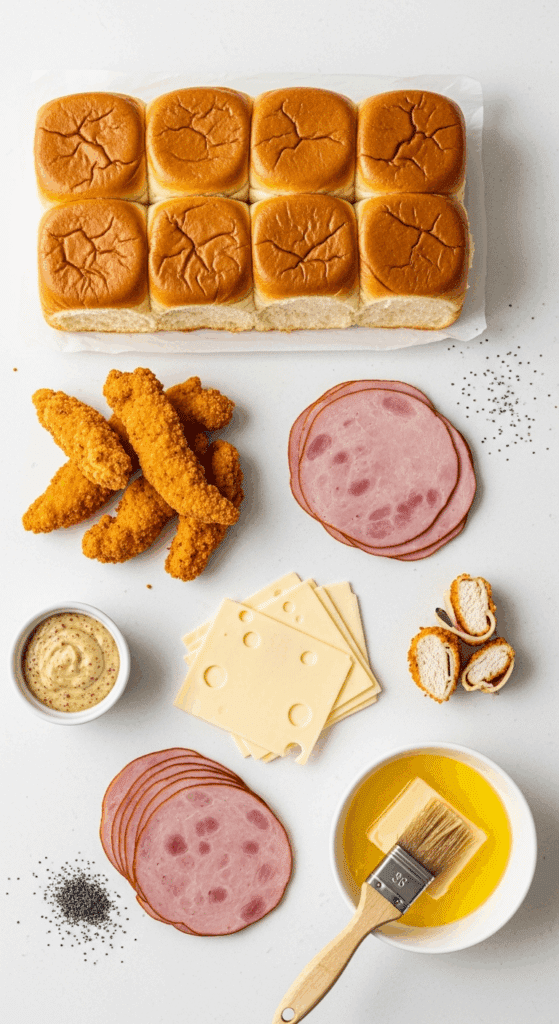 Overhead view of ingredients for chicken cordon bleu sliders: Hawaiian rolls, crispy chicken tenders, ham, Swiss cheese, Dijon sauce, butter, and poppy seeds on a counter.