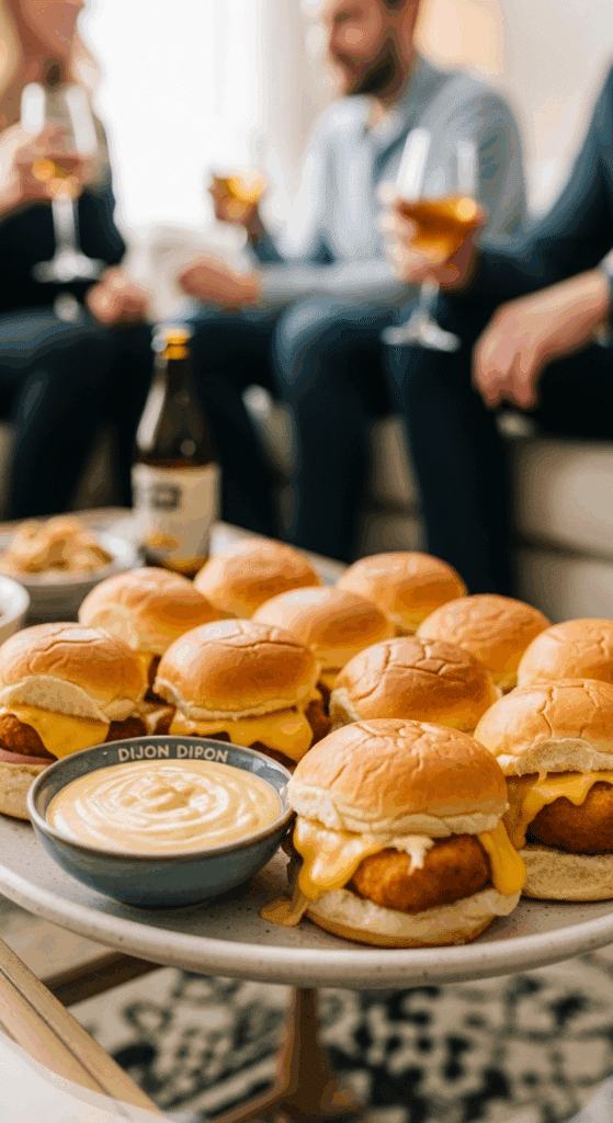 A platter of warm Chicken Cordon Bleu sliders served with a side of Dijon sauce at a party, with people mingling in the background.