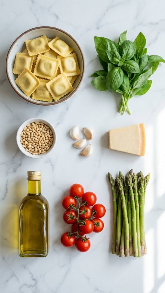 Overhead flat lay view of ingredients: fresh basil bunch, pine nuts, garlic, Parmesan, olive oil, fresh ravioli, tomatoes, and asparagus on marble.