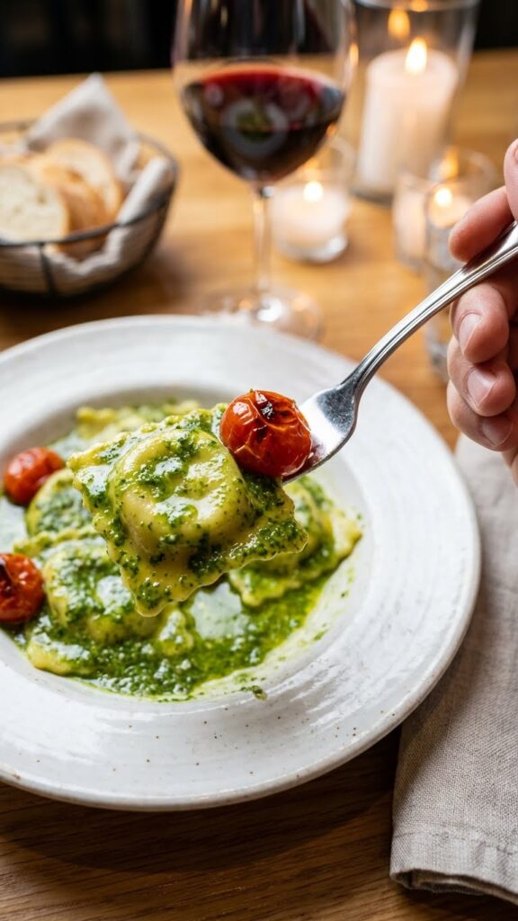 A close-up POV shot of a fork lifting a pesto-covered chicken ravioli and a burst cherry tomato.