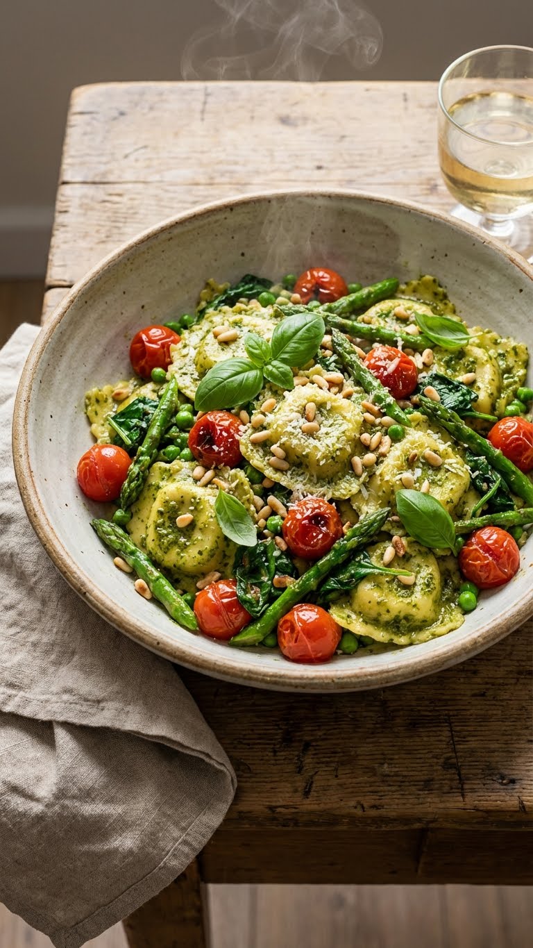 A large serving bowl filled with chicken ravioli tossed in basil pesto, cherry tomatoes, asparagus, and peas, garnished with Parmesan and pine nuts.