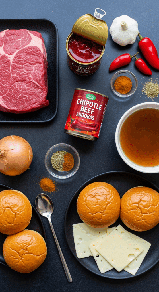 Overhead view of ingredients for chipotle beef sandwiches: raw beef roast, canned chipotle peppers, broth, onions, spices, buns, and cheese arranged on a counter.