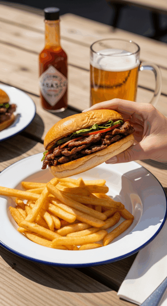 A hand holding a chipotle beef sandwich on a plate with french fries, set on a picnic table with a beer in the background.