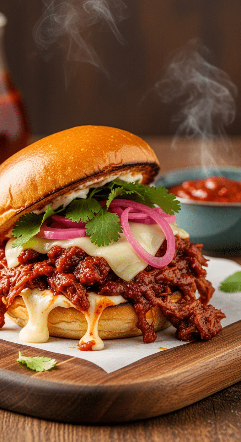 A close-up photograph of a messy chipotle beef sandwich on a brioche bun, cut in half, showing shredded beef, melted cheese, and pickled onions.