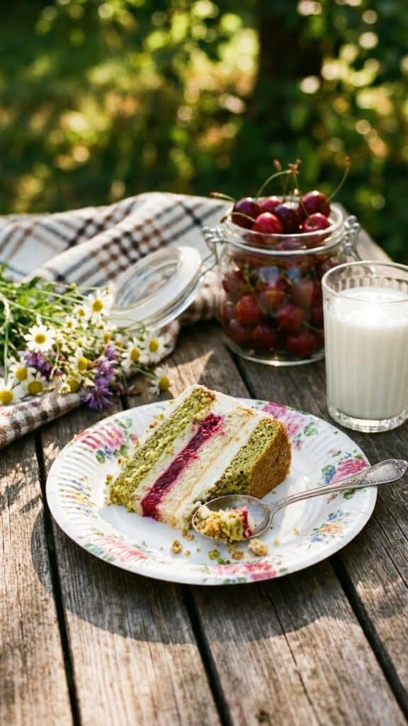 A slice of chocolate banana lush served on a picnic plate with a cherry on top.