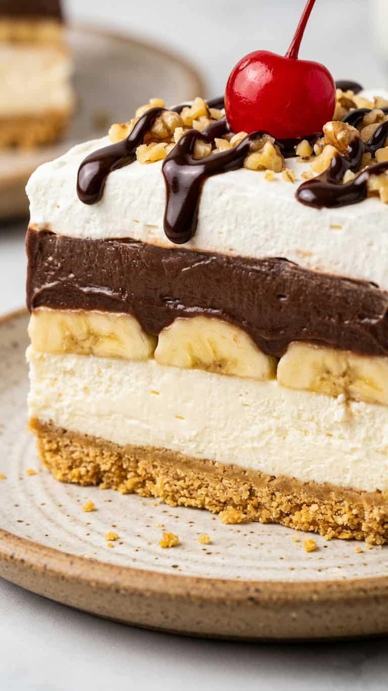 A slice of layered banana split cake showing graham crust, cream cheese, bananas, and chocolate pudding.
