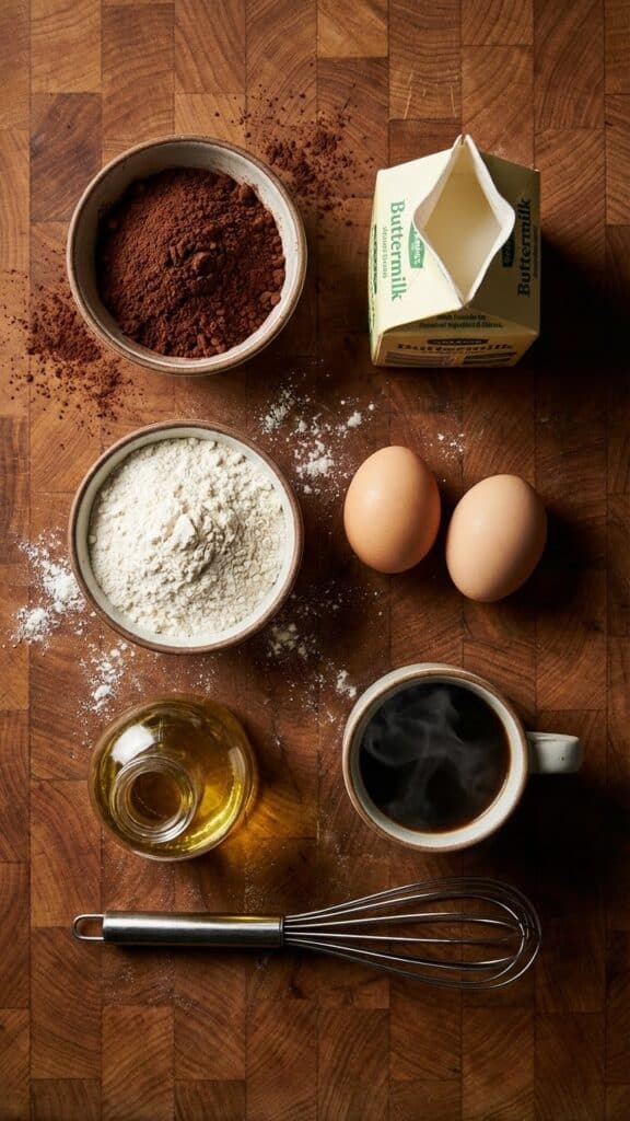 Flat lay of ingredients for chocolate cake including cocoa, buttermilk, and hot coffee.