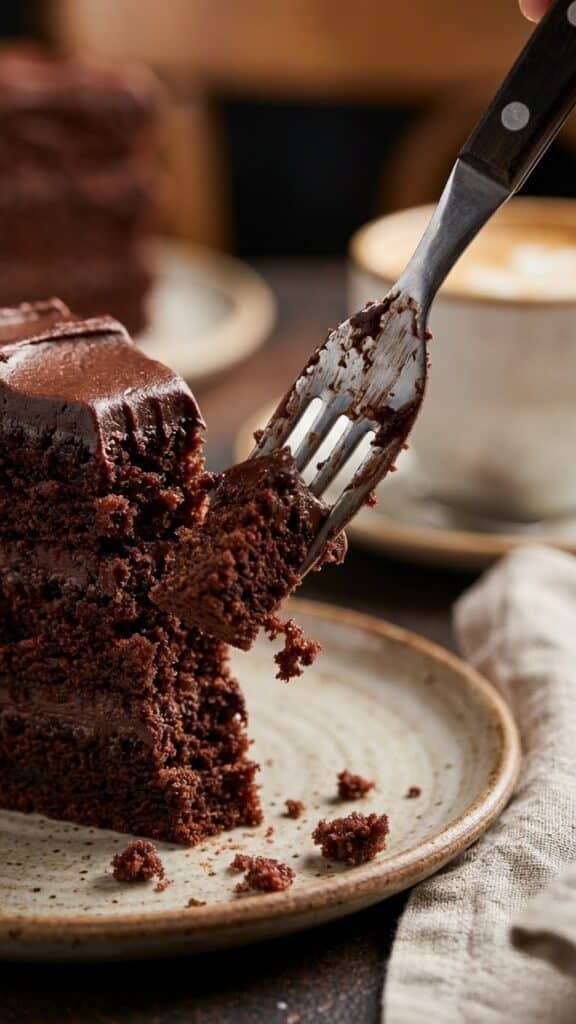 Close-up of a fork cutting into a tender slice of chocolate cake.
