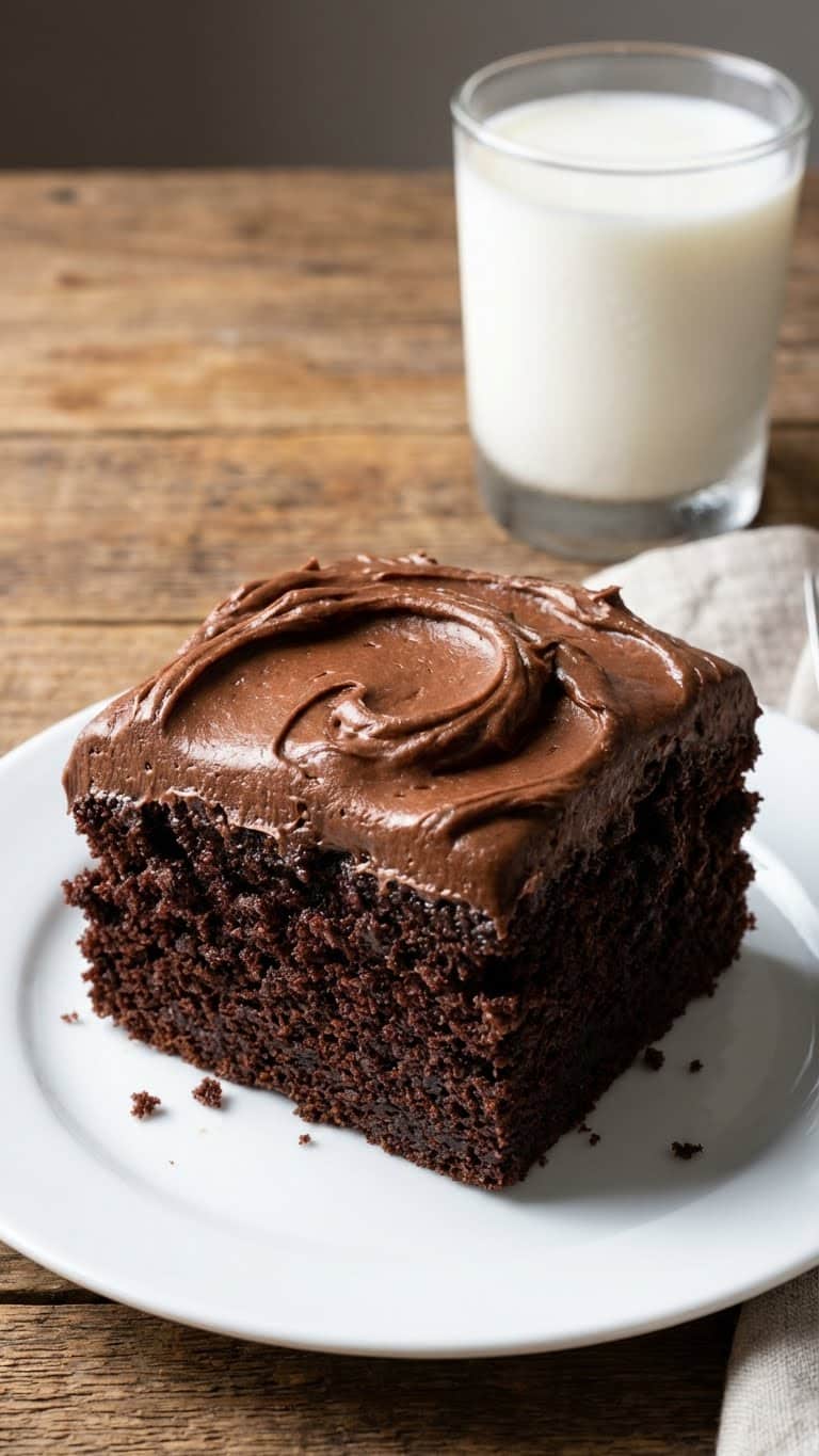 A slice of moist chocolate buttermilk cake with chocolate buttercream frosting and a glass of milk.