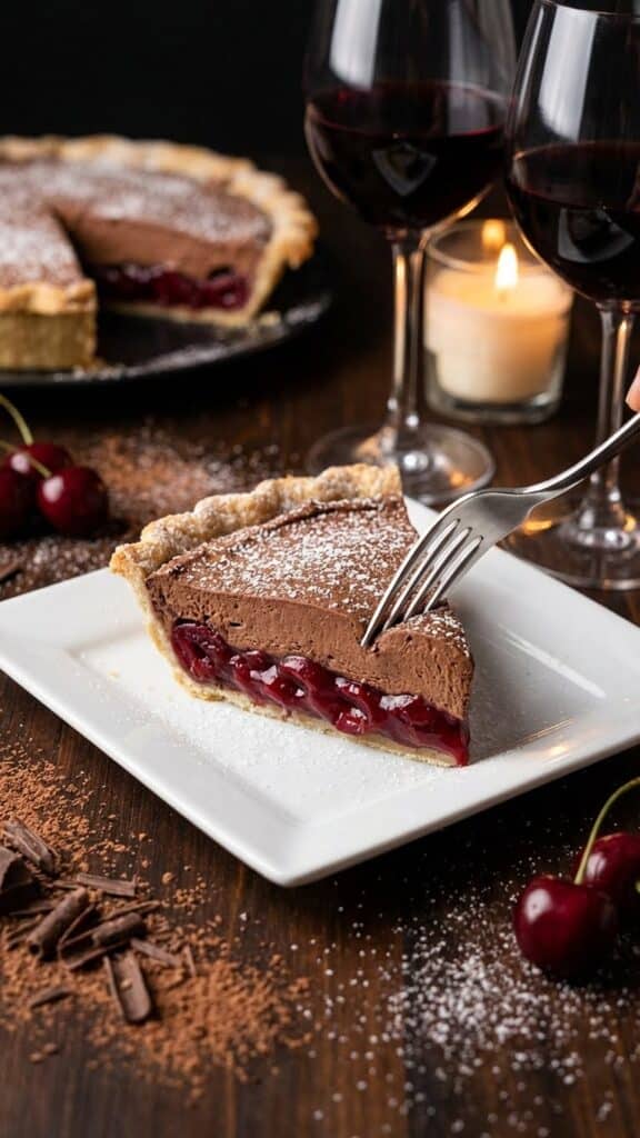 A slice of creamy chocolate cherry pie served on a plate with red wine in the background.