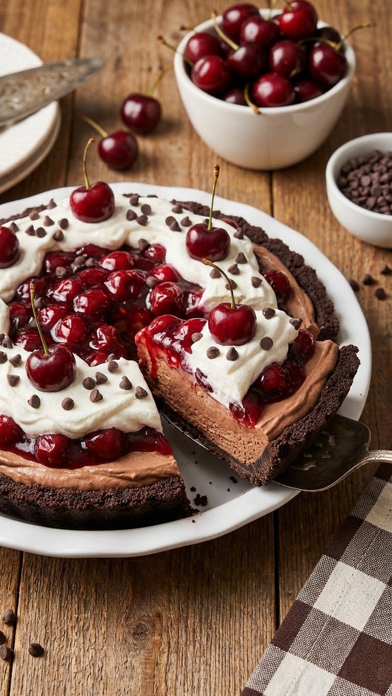 A slice of no-bake chocolate cherry pie with layers of oreo crust, cream cheese filling, and cherries.