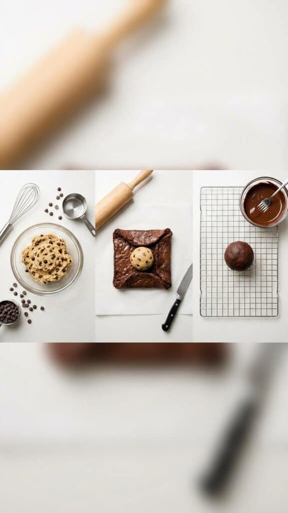 Three-step process showing cookie dough being wrapped in brownie.