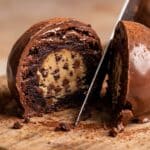 Cross-section of a brownie bomb showing the cookie dough center.