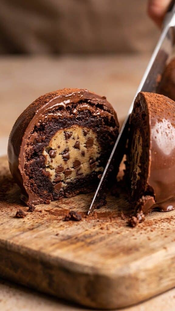 Cross-section of a brownie bomb showing the cookie dough center.